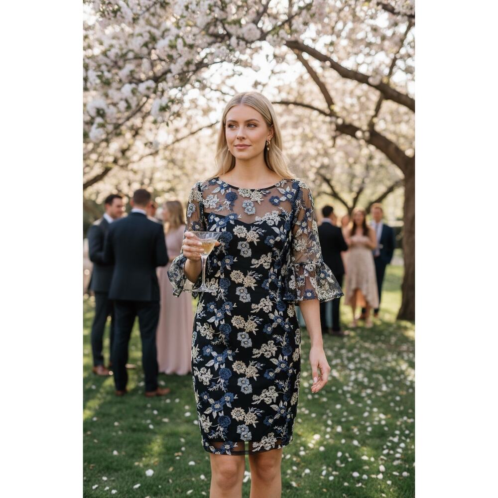 NWT ADRIANNA PAPELL DRESS NAVY COCKTAIL PARTY EVENING EMBROIDERED WEDDING GUEST